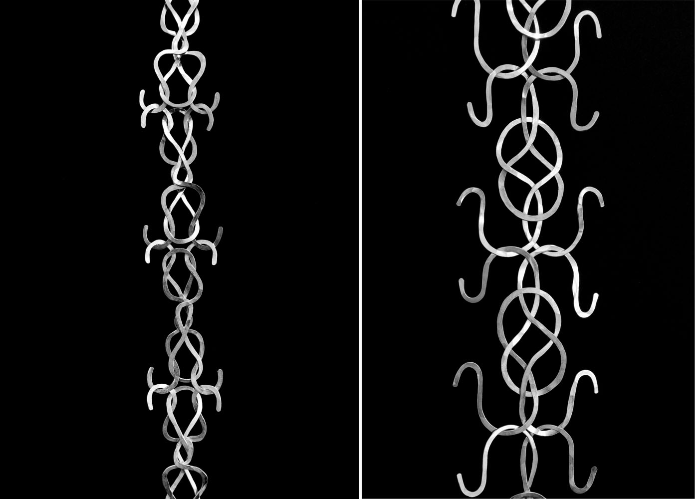 Two images of flattened silver wire in shapes that repeat to form an interlocking chain.