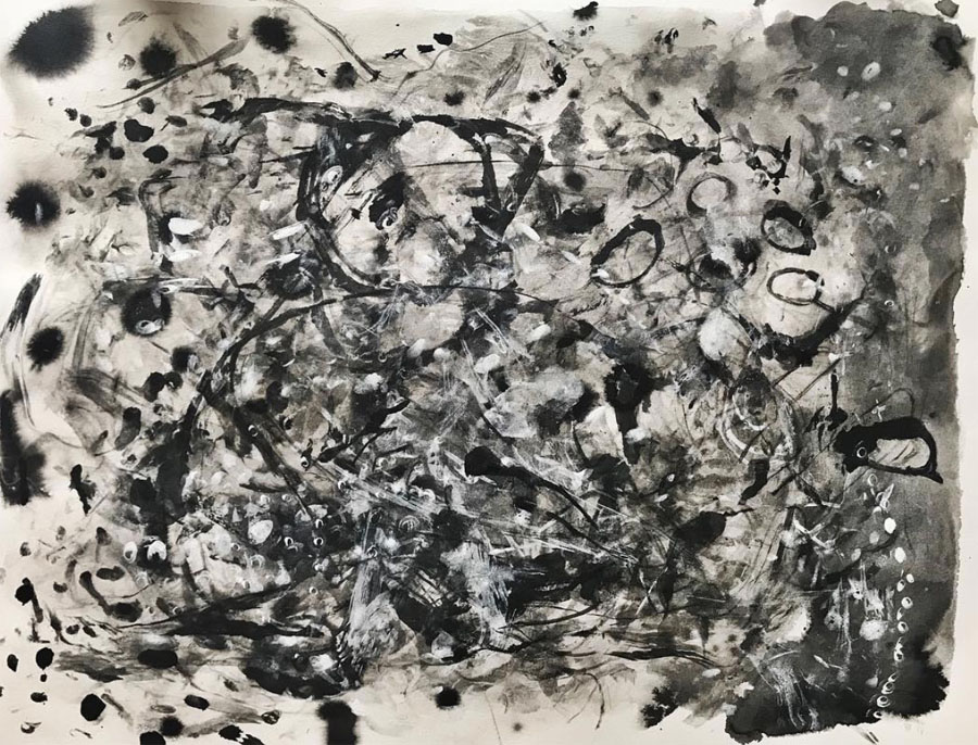 black and white gestural abstract painting on paper