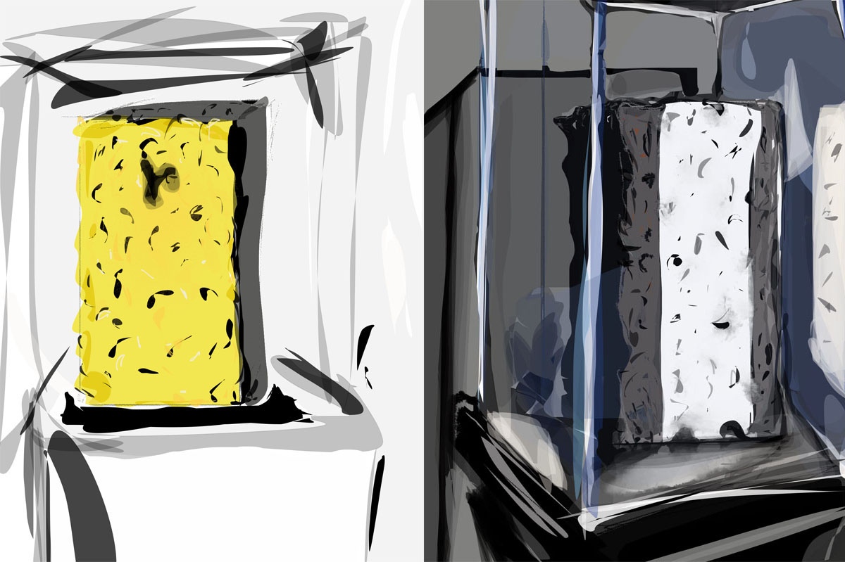 Sketches of two upright brick-shaped sculptures in glass vitrines: one is golden and one is grey with a white stripe down the middle.
