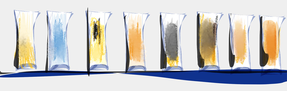 A sketch of eight roughly rectangular stone sculptures on a wall in colors ranging from yellow to blue to orange.