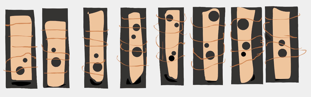 Sketch of eight black rectangular sculptures with brown strings wrapped around and holding beige slabs with holes.