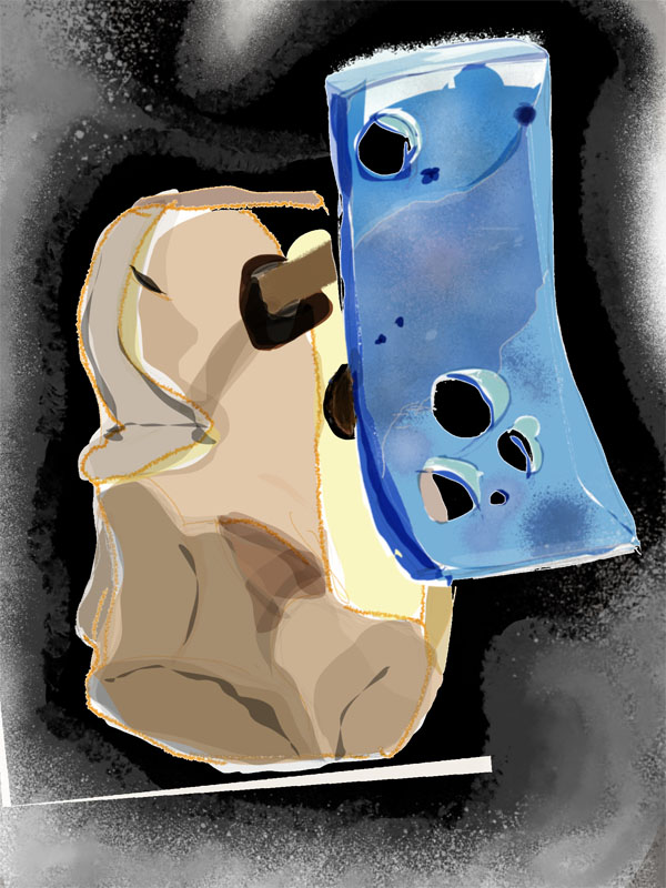 A sketch of a ceramic sculpture with a blue slightly curved slab with holes in it held out in front of a beige irregular closed form.